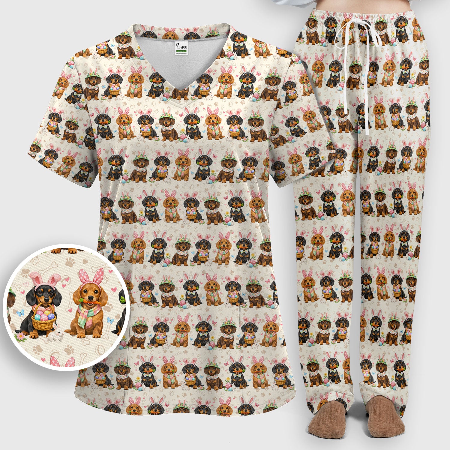 Cute Easter Dachshund Dog Bunny Print Scrub Set, Breathable Med Uniform