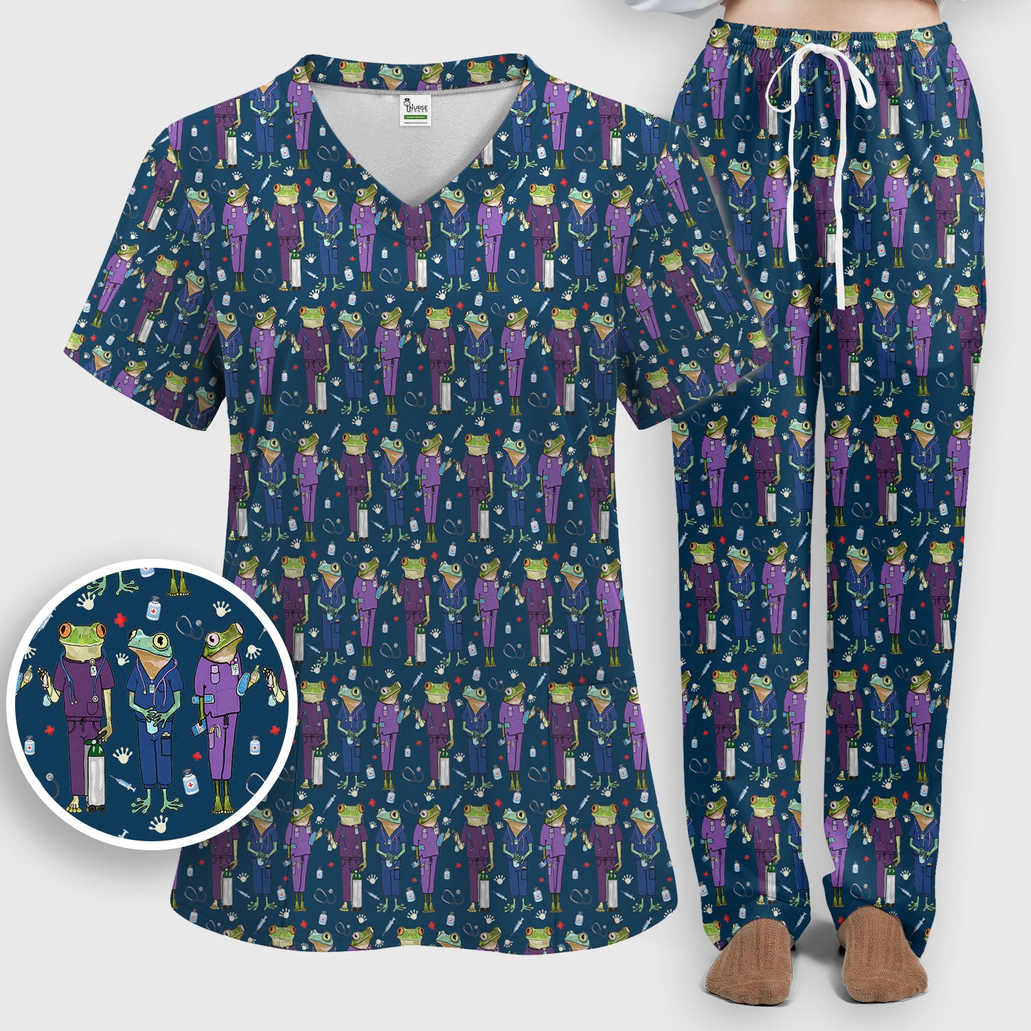 Funny Frog Nurse Pattern Scrub Set, Scrub Pants and V Neck Top