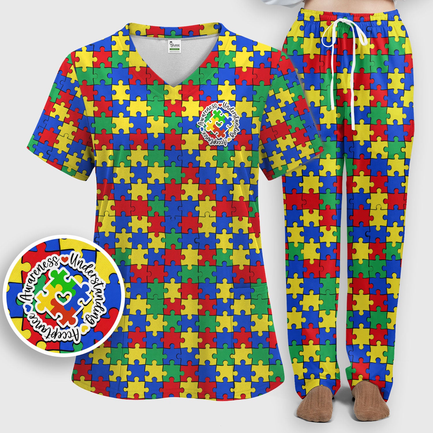 Autism Awareness Puzzle Pattern Scrub Set, Breathable Med Uniform
