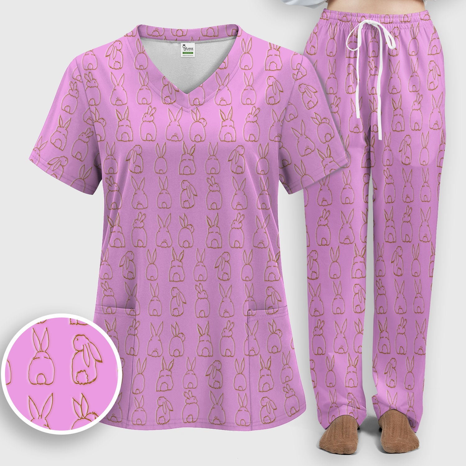Cartoon Bunny Line Art Pattern Medical Scrub Set, Breathable Med Uniform
