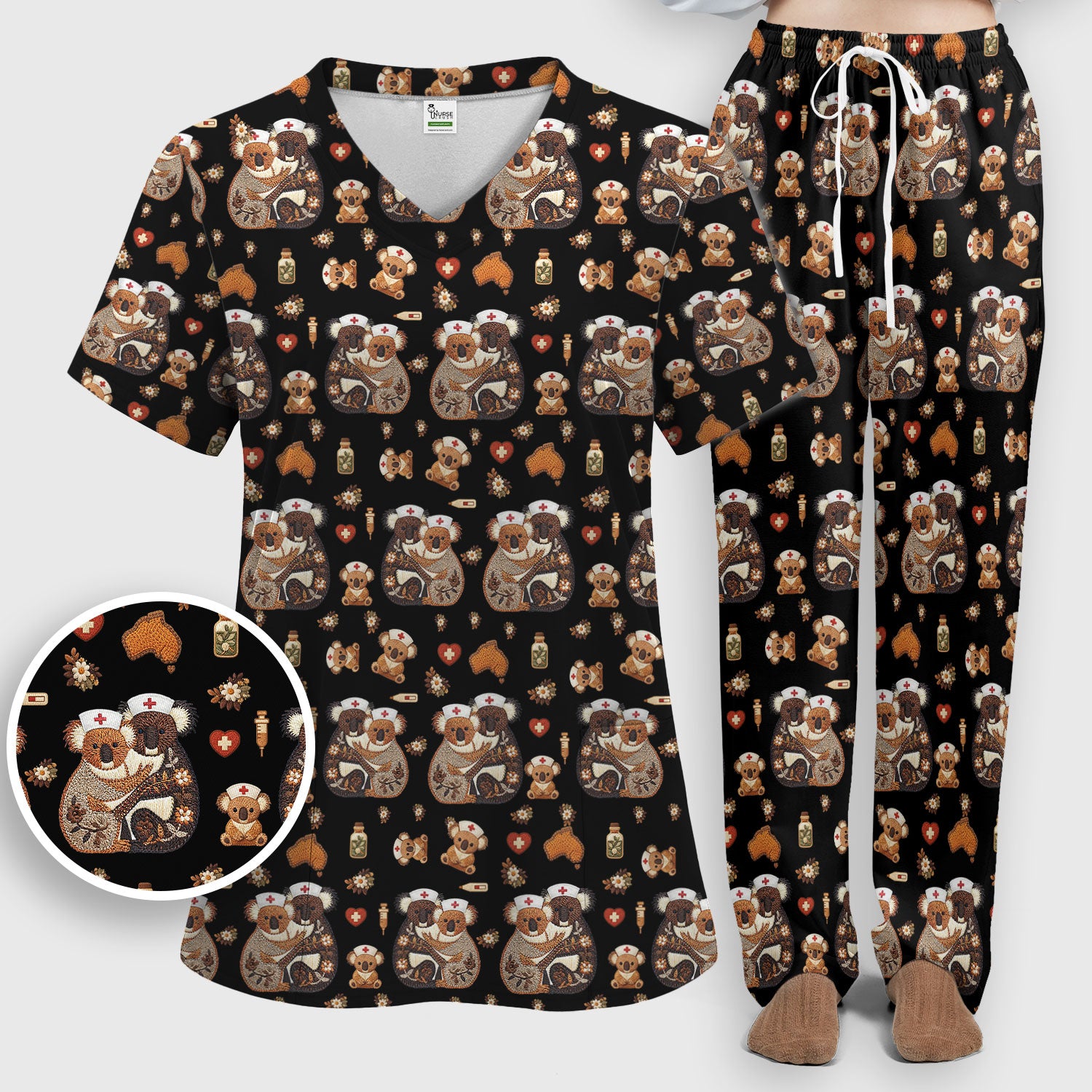 Cute Cartoon Koala Valentine Nurse Design Scrub Set, Breathable Med Uniform