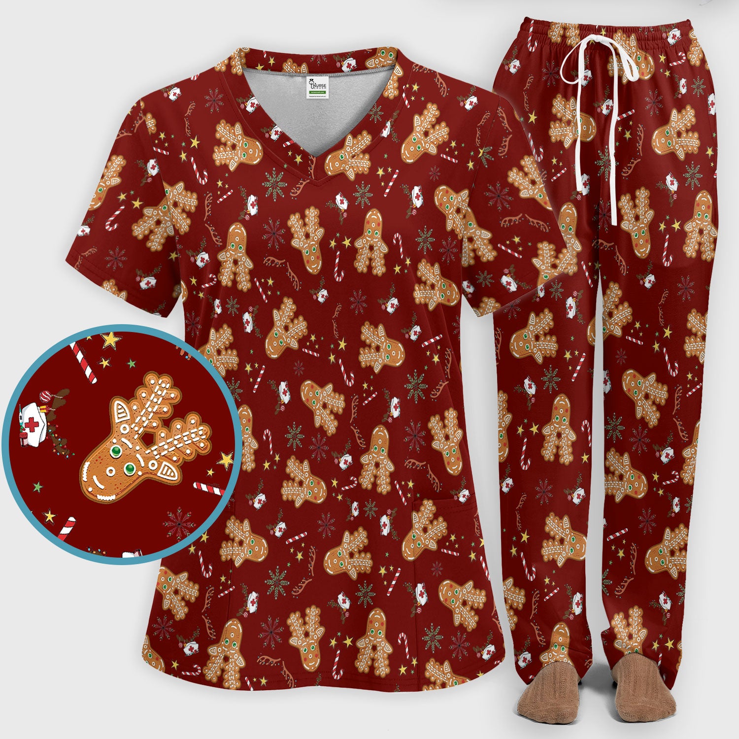 Gingerbread Cookies Reindeer Women's Scrub Sets - Comfortable Scrubs for Nurses - Funny Christmas Med Uniform