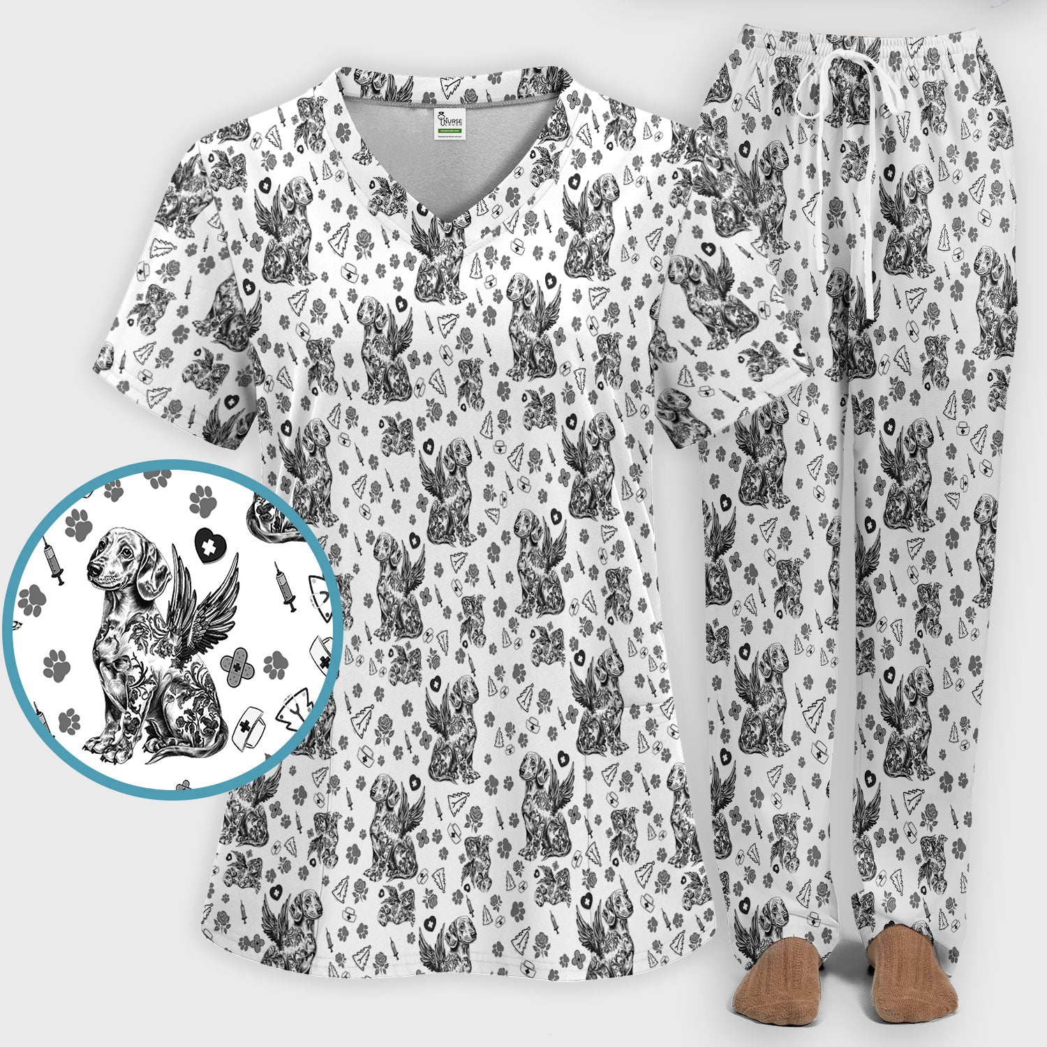 Toile de Jouy Dachshund Angel Scrub Set - Blue Vintage Wiener Dog Scrubs Pants and V Neck Top - Memorial Puppy Gift