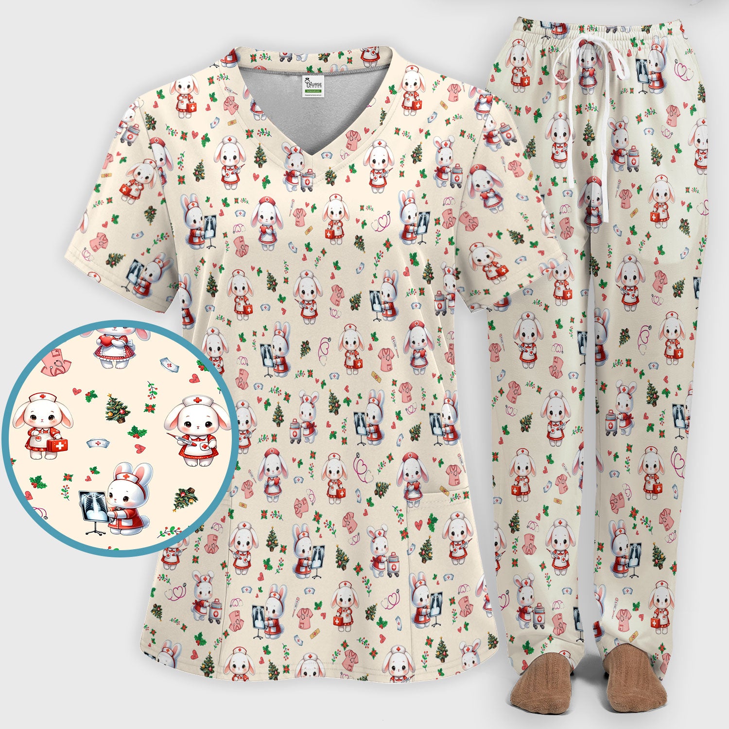 Cute Bunny Scrub Set for Nurse - Adorable Christmas Rabbit Pants and V Neck Top - Funny Holiday Medical Shirt Gift