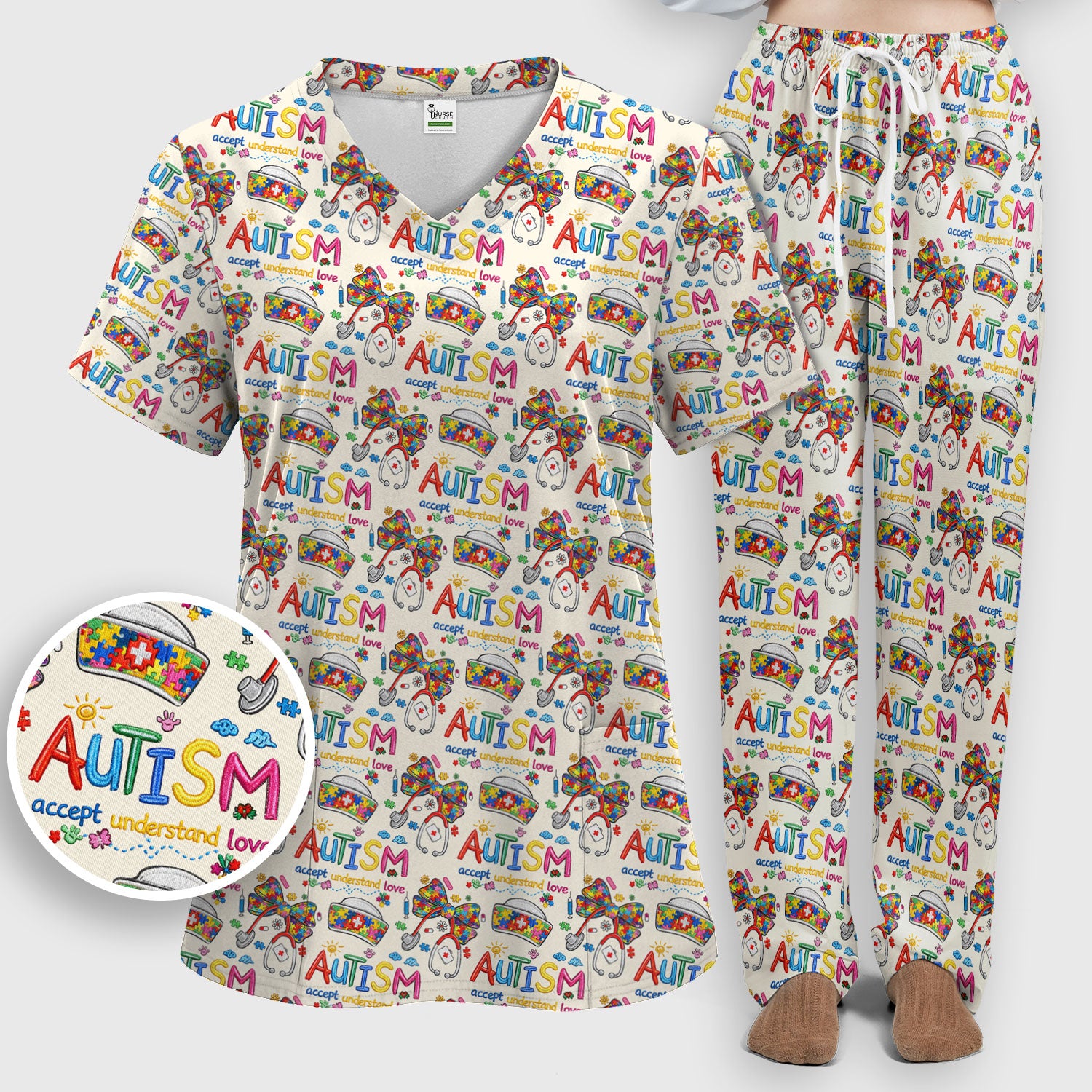 Autism Awareness Pattern Nurse Scrub Set, Accept Understand Love Puzzle Nurses Shirt, Breathable Fabrics Nursing Uniform
