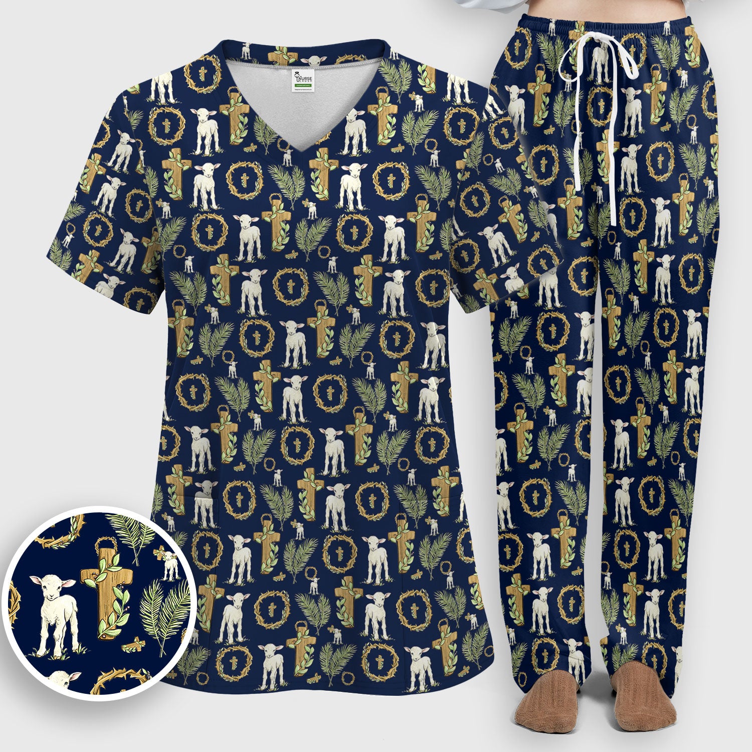 Faith Lamb Cross Pattern Women's Scrub Set, Scrub Pants and V Neck Top
