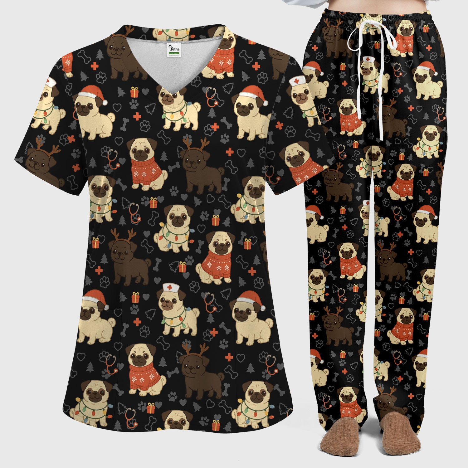 Funny Pug Christmas Nurse Scrub Set for Women - Cute Dog Pattern Holiday Medical Scrubs Top and Pants - Gift for RN LPN CNA