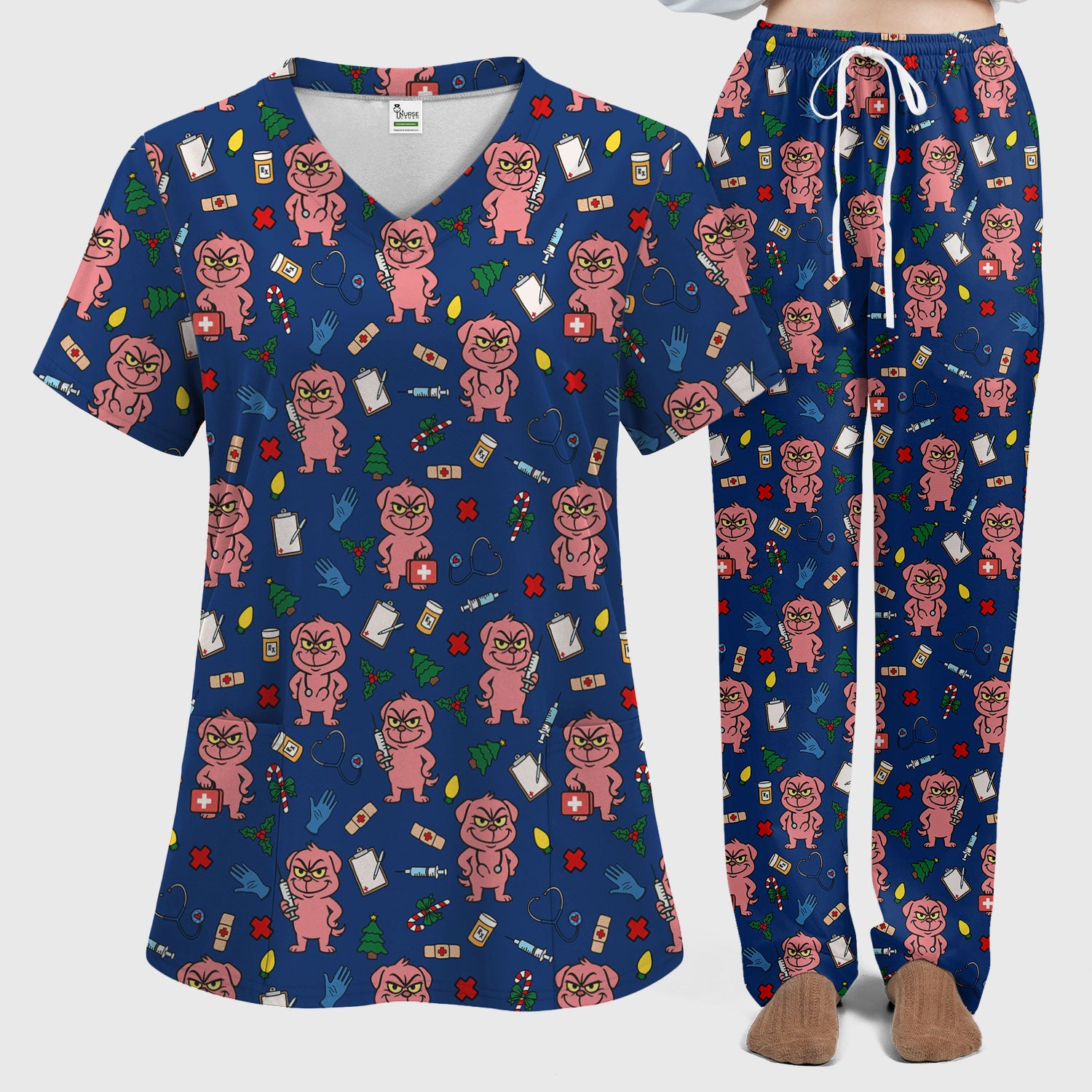 Christmas Scrub Set for Nurses - Funny Pink Dog Pattern - Holiday Nurse Scrubs with Tree, Bandage and Stethoscope Print