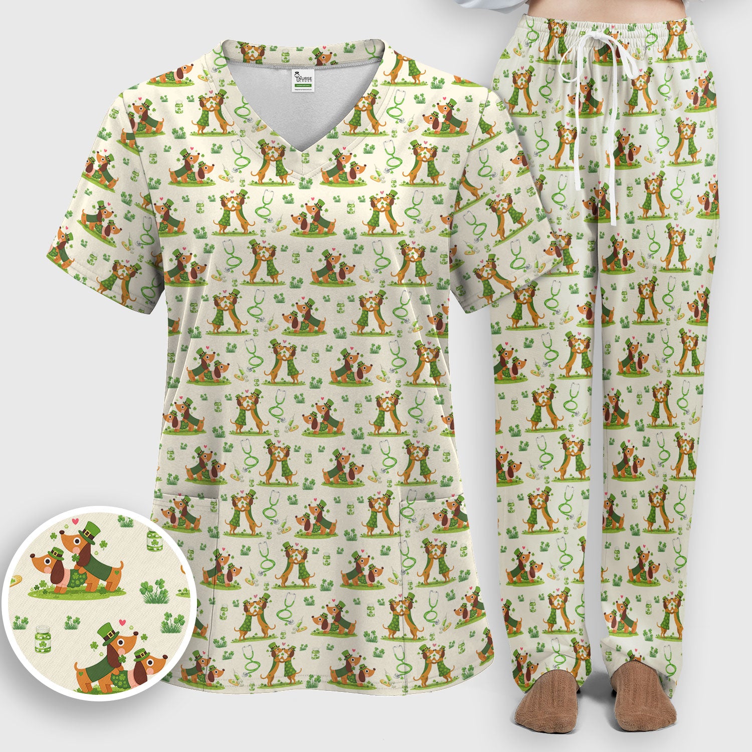Valentine Cute Dachshund Nurse Set, Dog Heart Pattern, Breathable Nursing Uniform