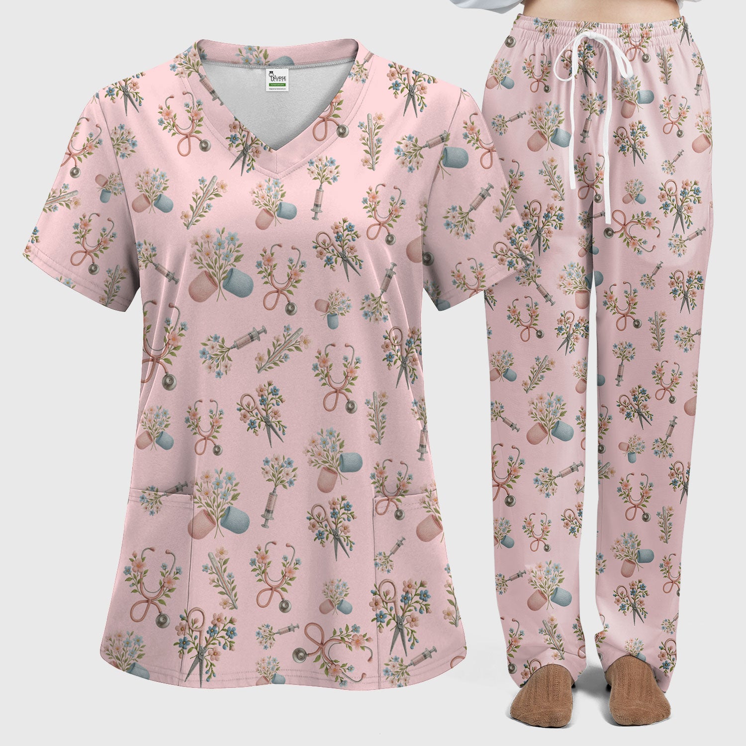 Floral Medical Scrub Set, Elegant Stethoscope With Flower Nursing Shirt, Breathable Fabrics Nurse Uniform