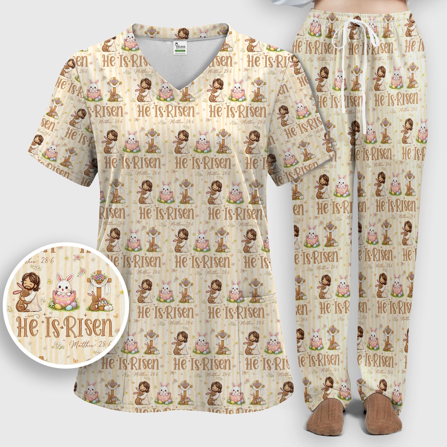 He Is Risen Jesus Easter Print Sets, Scrub Pants and V Neck Top
