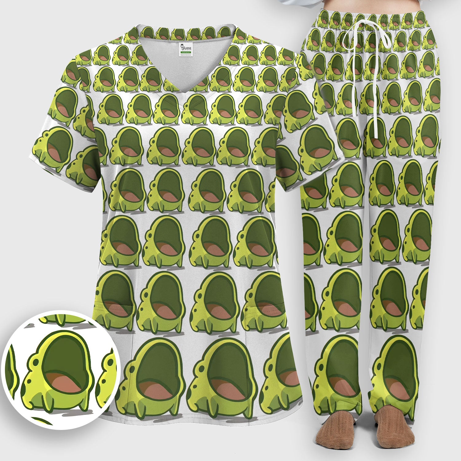 Cute Green Frog Cartoon Print Scrub Set, Scrub Pants and V Neck Top