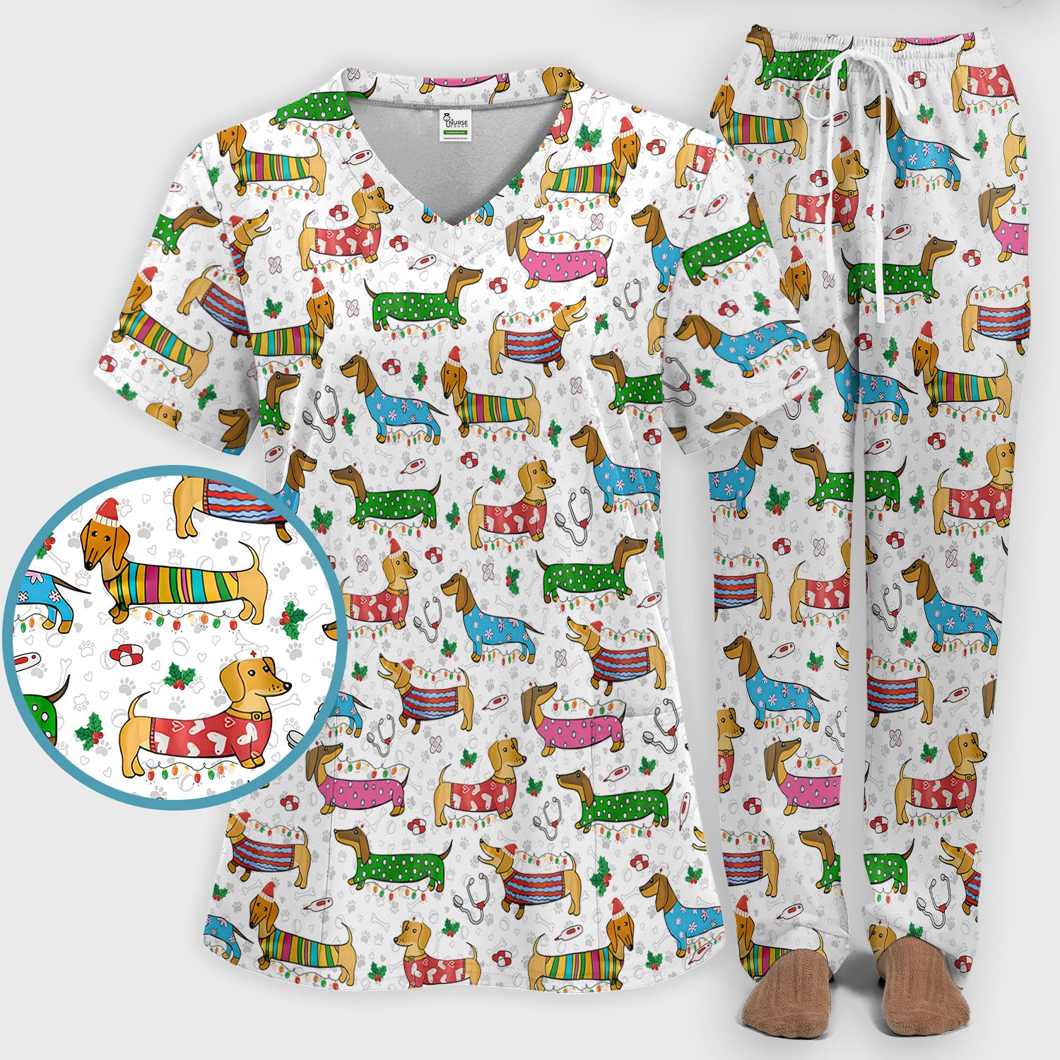 Christmas Scrub Set for Women - Funny Dachshund Scrubs Pants and V Neck Top - Cute Holiday Medical Uniform Gift for RN LPN CNA