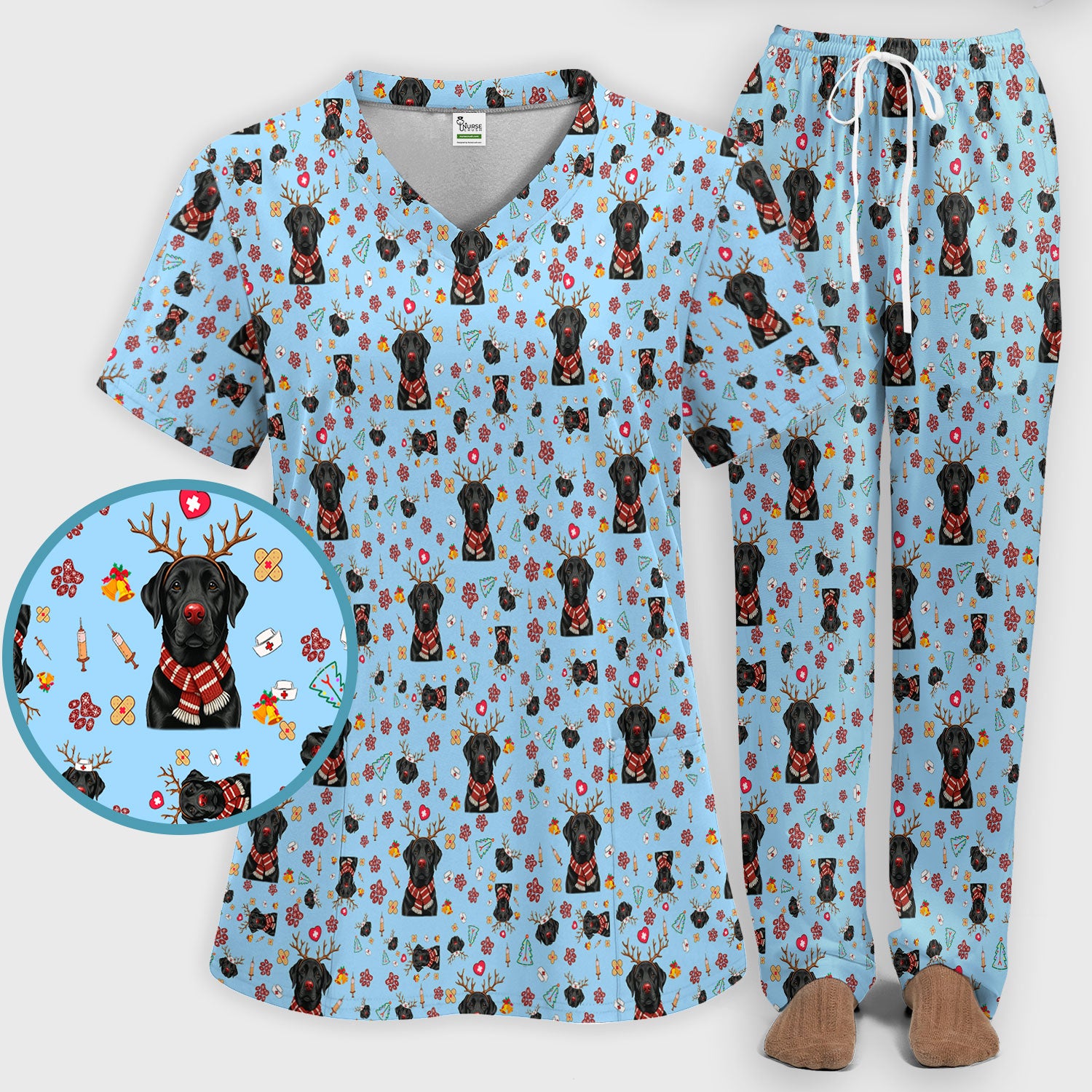 Black Lab Christmas Scrub Set - Funny Labrador Nursing Pants and V Neck Top - Cute Holiday Medical Uniform