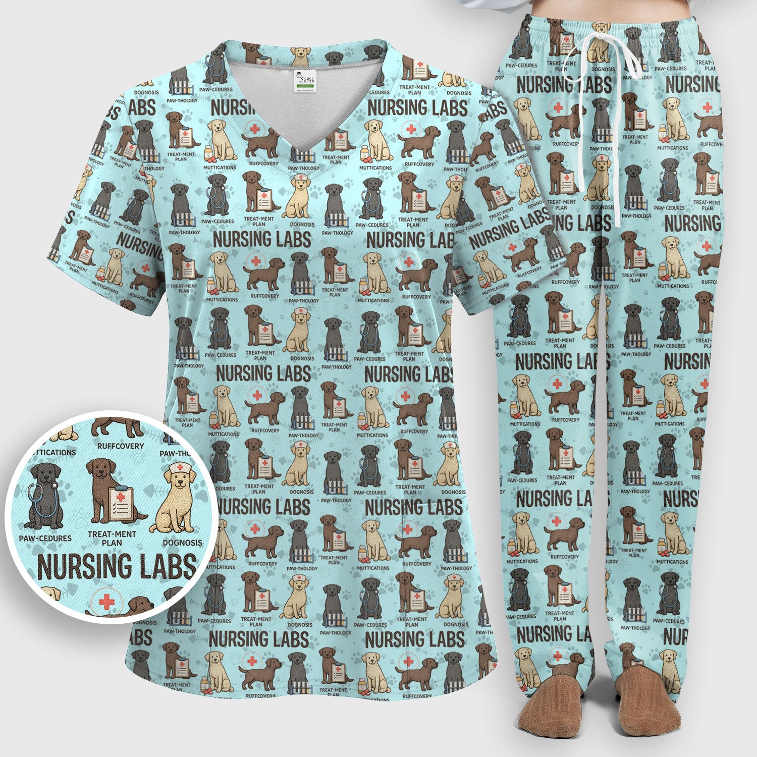 Playful Nursing Labs Dog Pattern Scrub Set, Nurse Uniform Scrubs Set