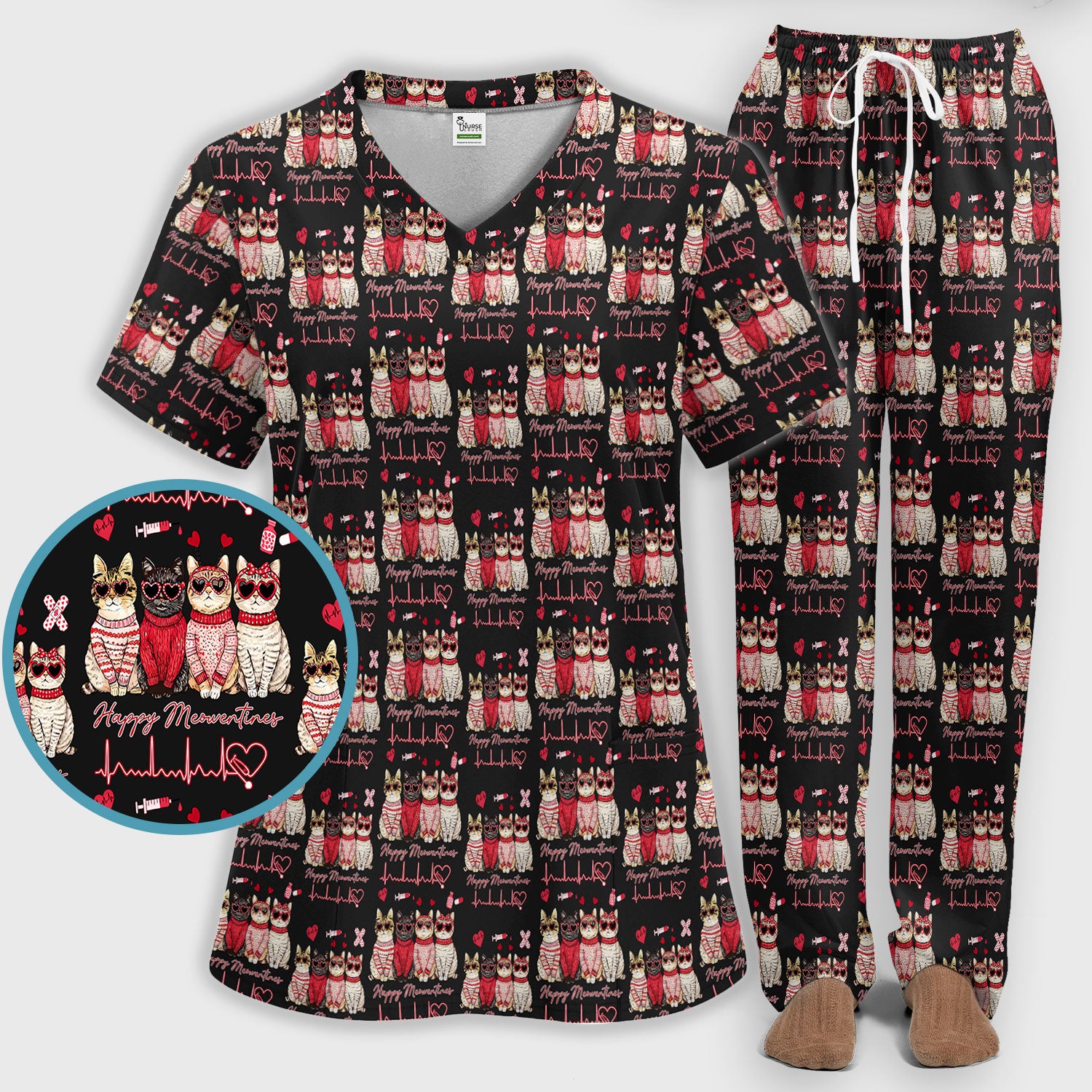Happy Meowtines Cat Pattern Scrub Set, Valentine Cat Lover Nurse Scrub Shirt, Heartbeat Medical Pattern Nursing Uniform