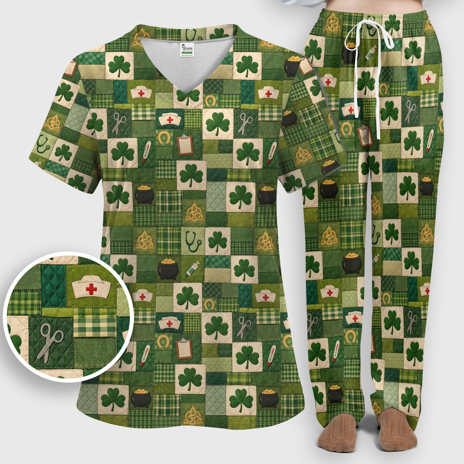 St Patrick Medical Patchwork Shamrock Scrub Set, Scrub Pants and V Neck Top