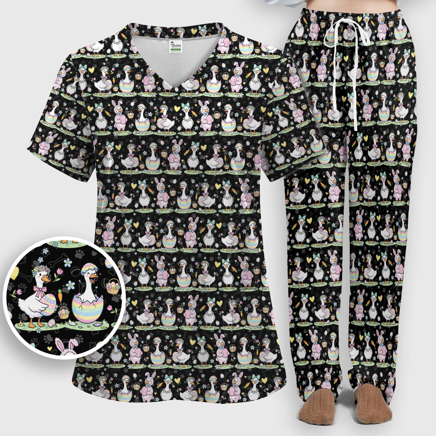 Spring Easter Goose and Bunny Print Scrub Set, Breathable Med Uniform