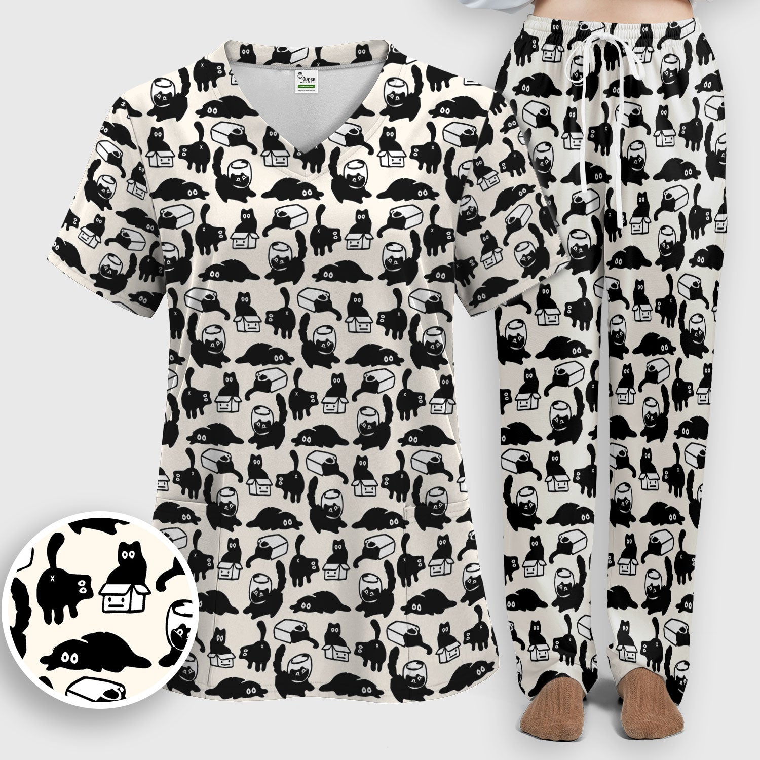 Dark Playful Cat Cartoon Pattern Scrub Set, Breathable Med Uniform