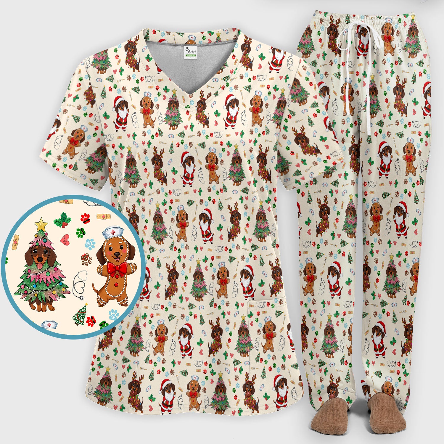 Wiener Dog Christmas Scrub Set – Funny Dachshund Pattern Medical Shirt – Festive Holiday Uniform for RN, LPN, CNA, and Vet Techs