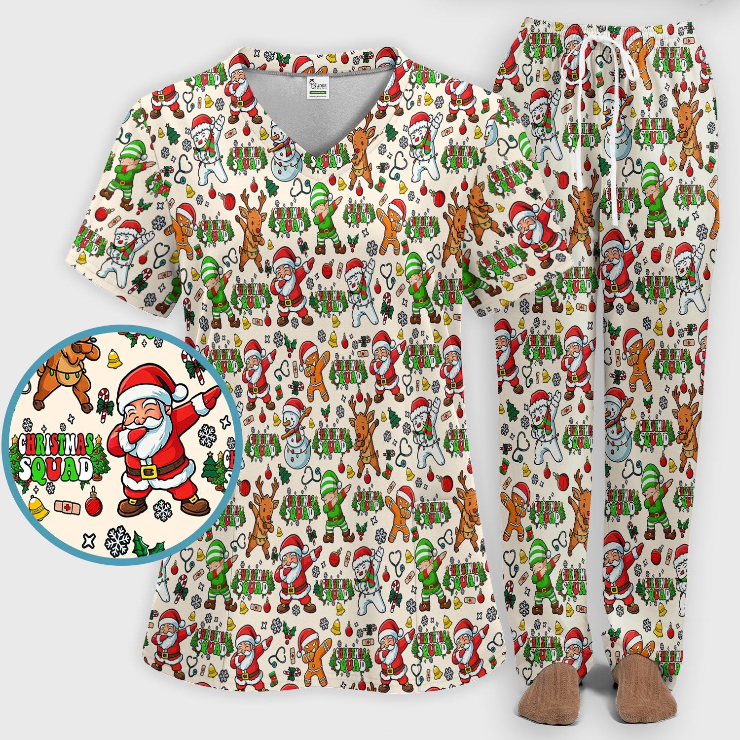Christmas Squad Scrub Set - Funny Santa & Reindeer Pants and V Neck Top - Cute Holiday Medical Uniform for Nurses, Doctors & Vet Techs