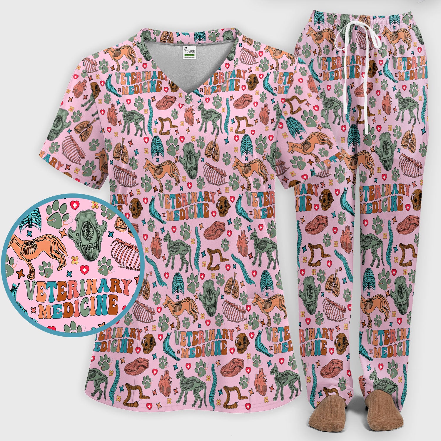 Veterinary Medicine Scrub Set - Cute Animal Anatomy Scrubs Pants and V Neck Top - Fun Vet Tech Nurse Uniform for Women