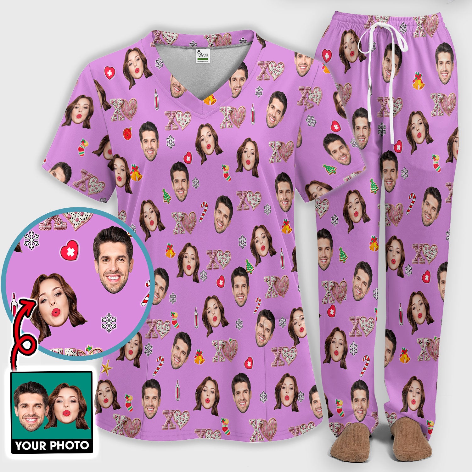 Custom Face Pattern XOXO Scrub Shirt, Personalized Photo Scrub Set, Breathable Fabrics Nursing Uniform