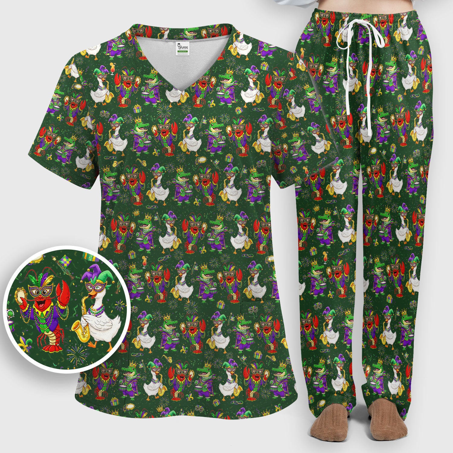 Crawfish And Duck Carnival Scrub Set, Mardi Gras Parade Pattern Nurse Shirt, Breathable Fabrics Nursing Uniform