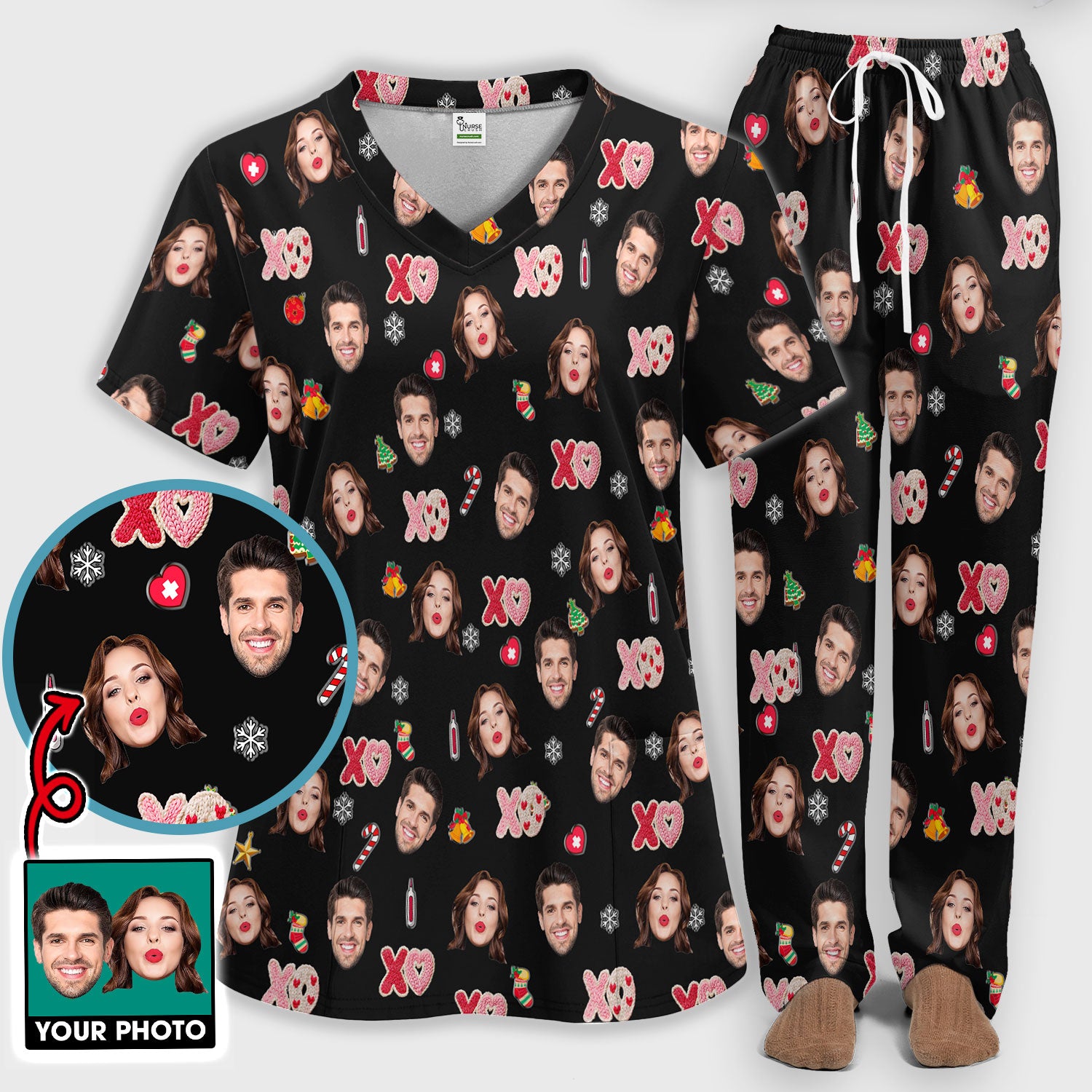 Personalized Photo Scrub Set, Custom Face XOXO Scrub Shirt, Breathable Fabrics Nursing Uniform