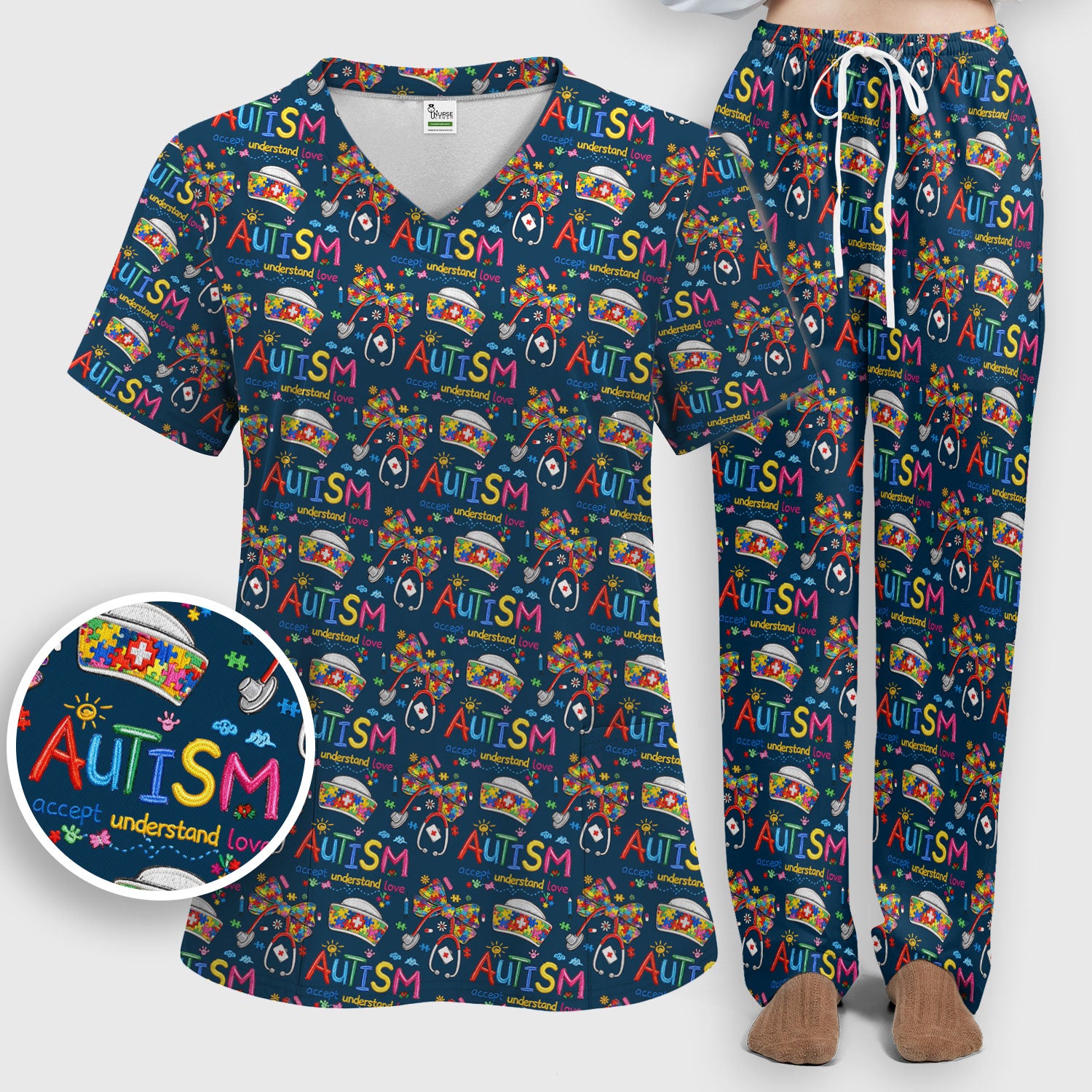 Autism Awareness Pattern Nurse Scrub Set, Accept Understand Love Puzzle Nurses Shirt, Breathable Fabrics Nursing Uniform