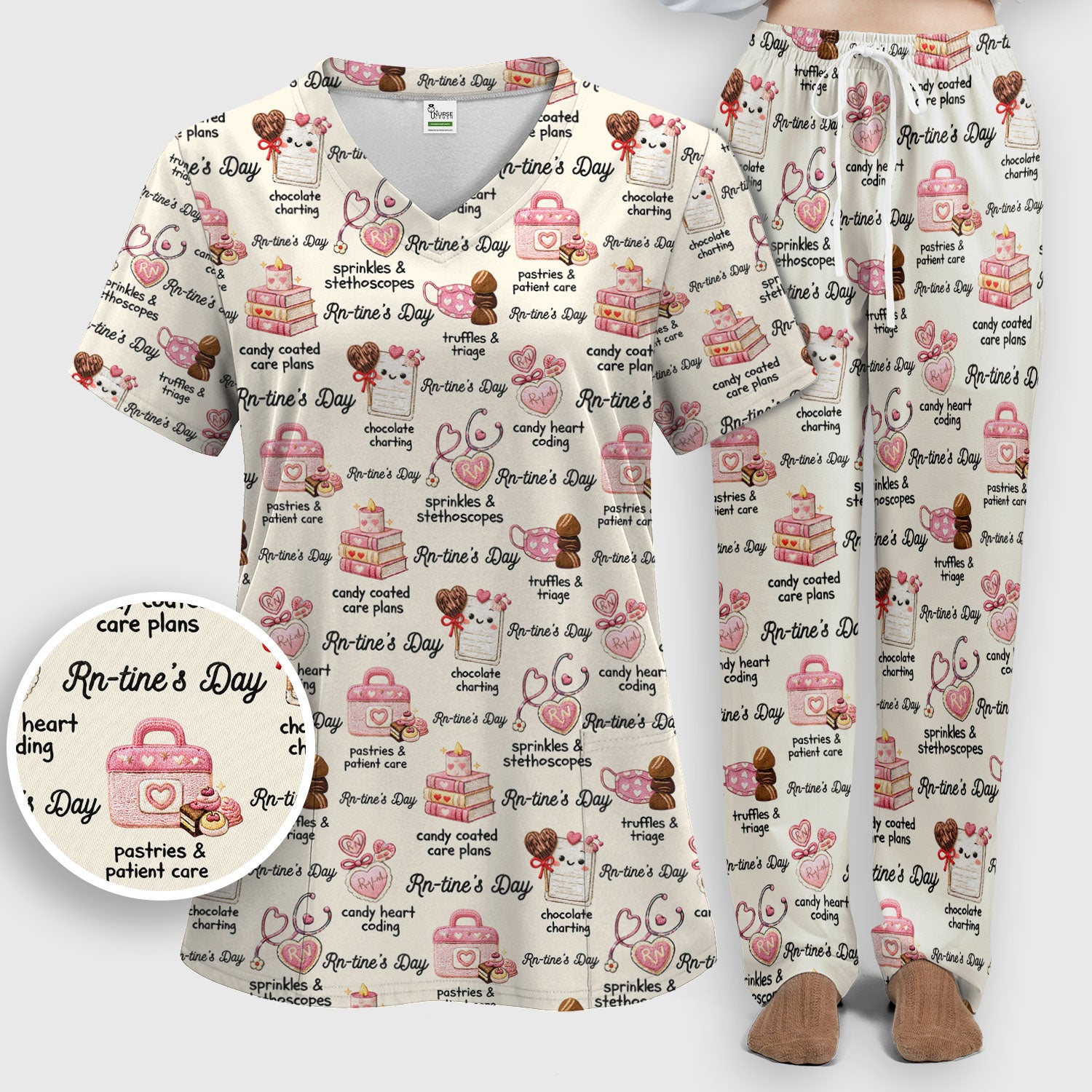 RN Sweets Valentine Stethoscope Scrub Set, Scrub Pants and V Neck Top