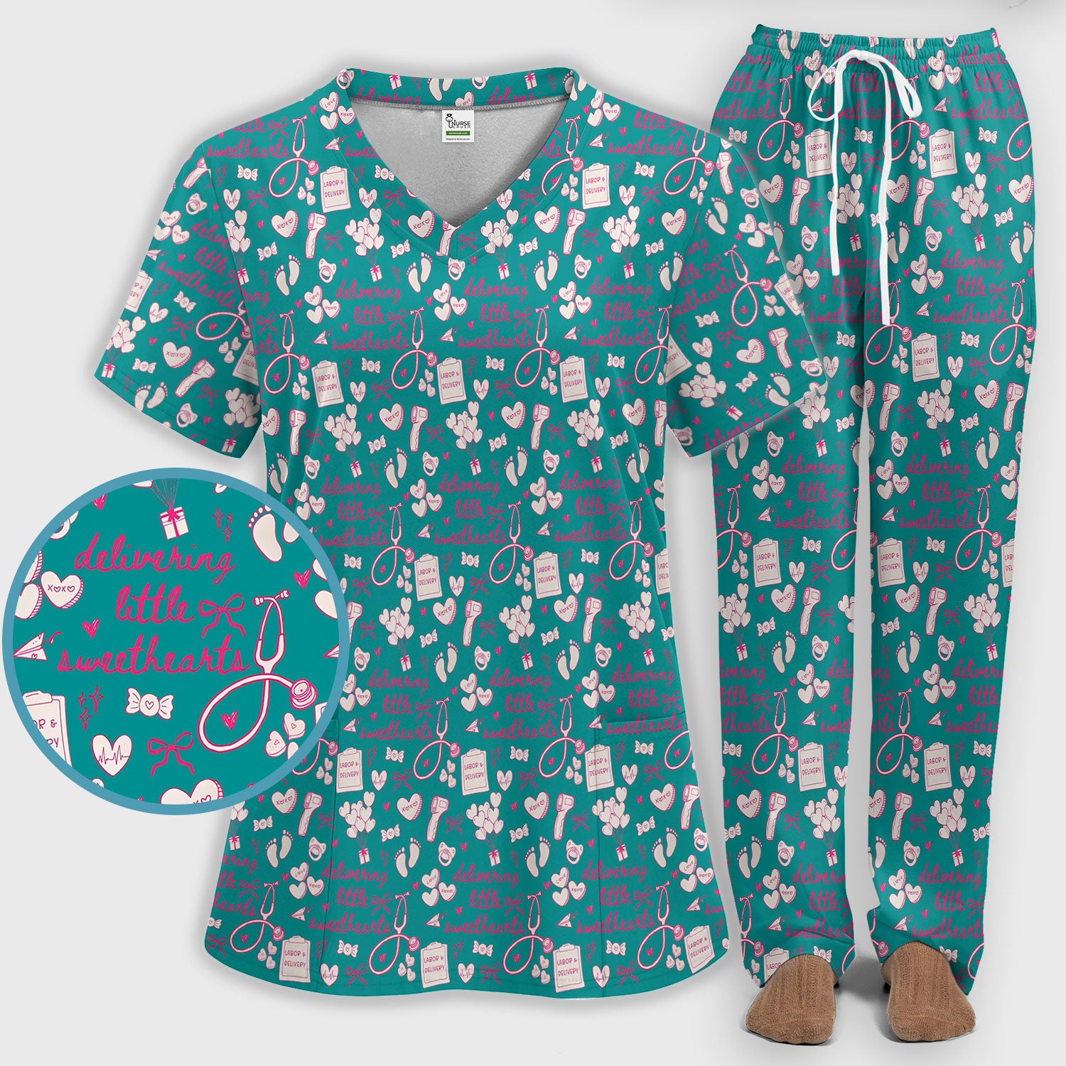 Valentine Labor And Delivery Scrub Set, XOXO Pattern Scrub Shirt, Breathable Fabrics Nursing Uniform For Women