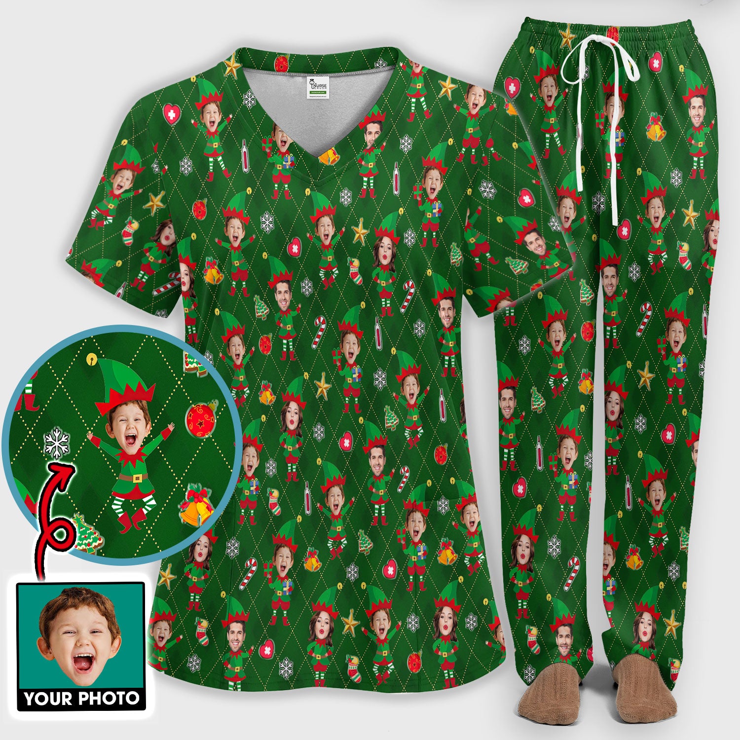 Personalized Face Nurse Uniform, Custom Photo Christmas Scrub Set, Funny Holiday Medical Uniform For Nursing