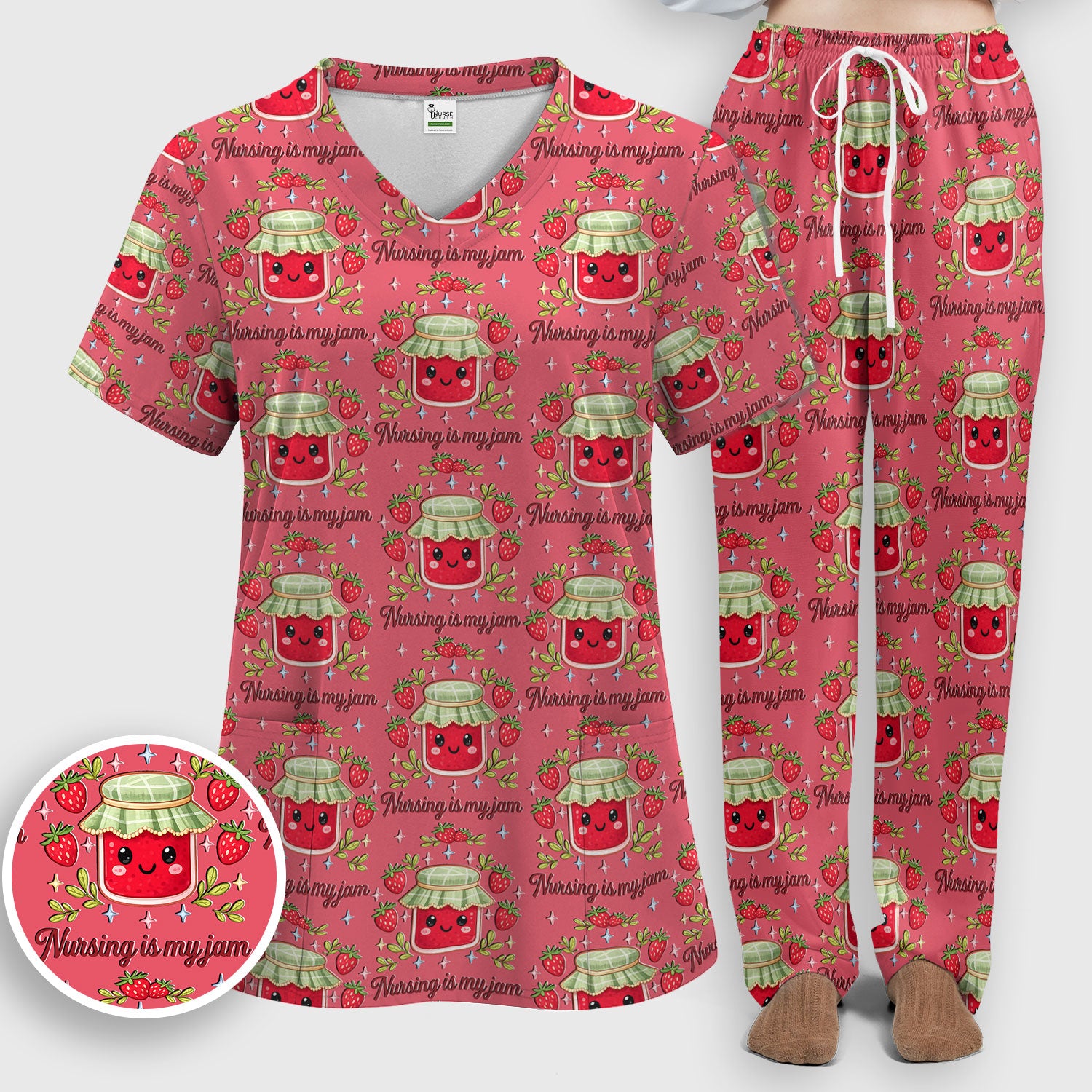 Cute Strawberry Jam Nurse Pattern Scrub Set, Breathable Med Uniform