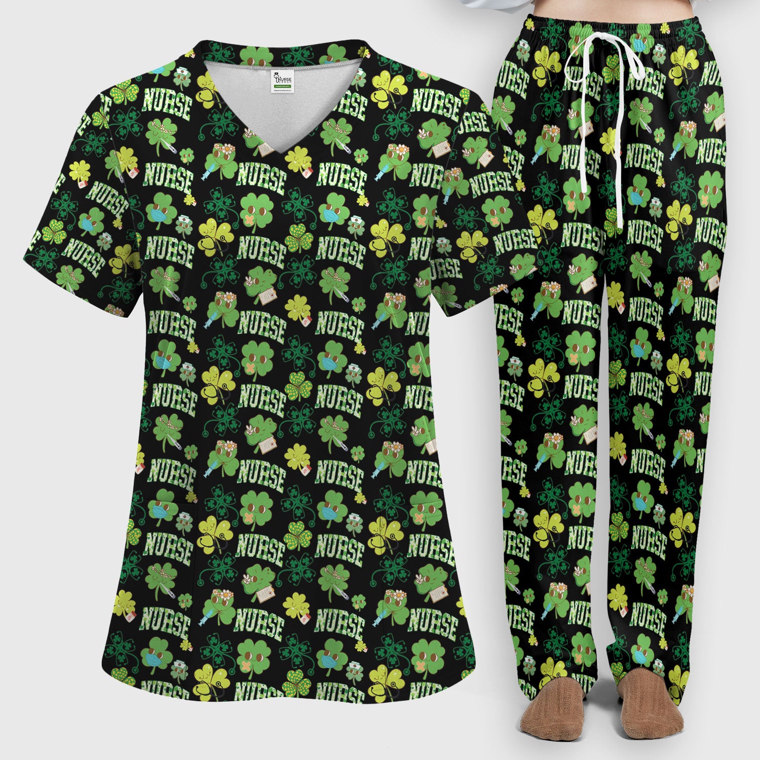 Lucky Shamrock Nurse Scrub Set, St. Patrick’s Day Nursing Shirt, Breathable Fabrics Nursing Uniform