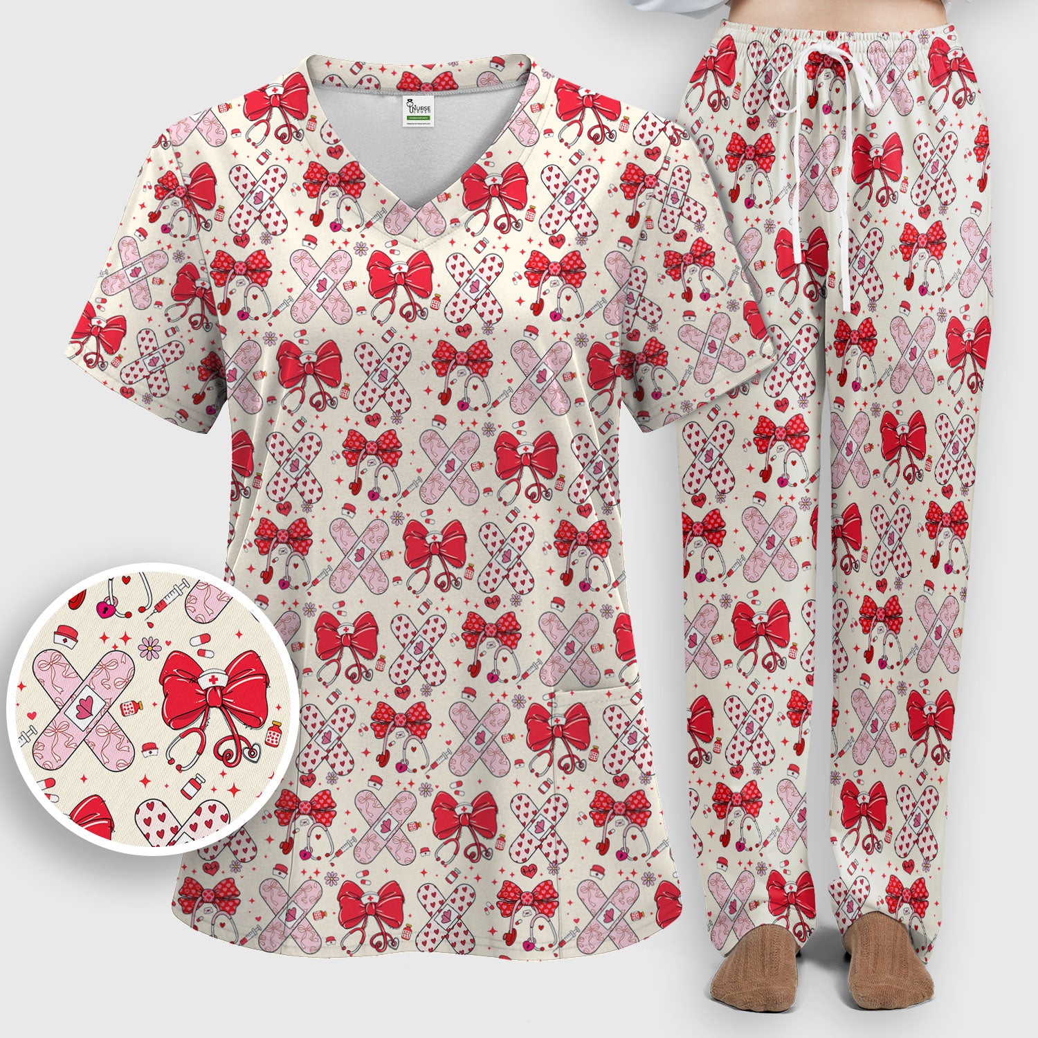 Valentine Nurse Scrub Set, Red Bow And Heart Bandage Pattern Medical Shirt, Breathable Fabrics Nursing Uniform