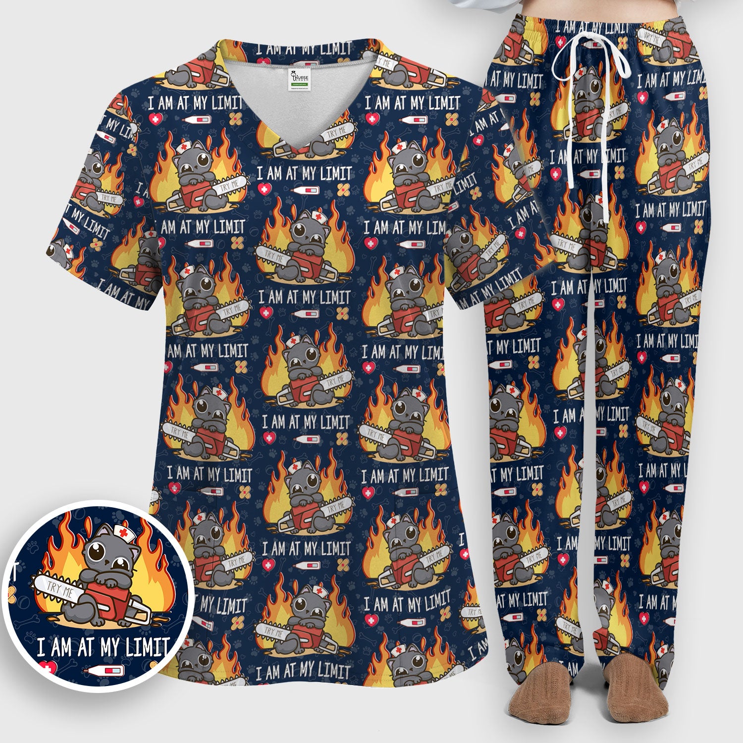 Funny Nurse Cat I Am At My Limit Women's Scrub Set, Breathable Med Uniform