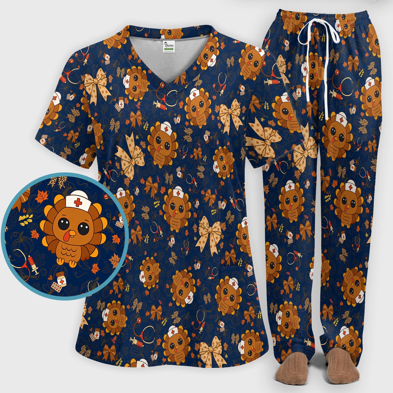 Thanksgiving Turkey Nurse Scrub Set for Women - Cute Fall Leaves and Bow Scrub Pants and V Neck Top - Autumn Medical Uniform