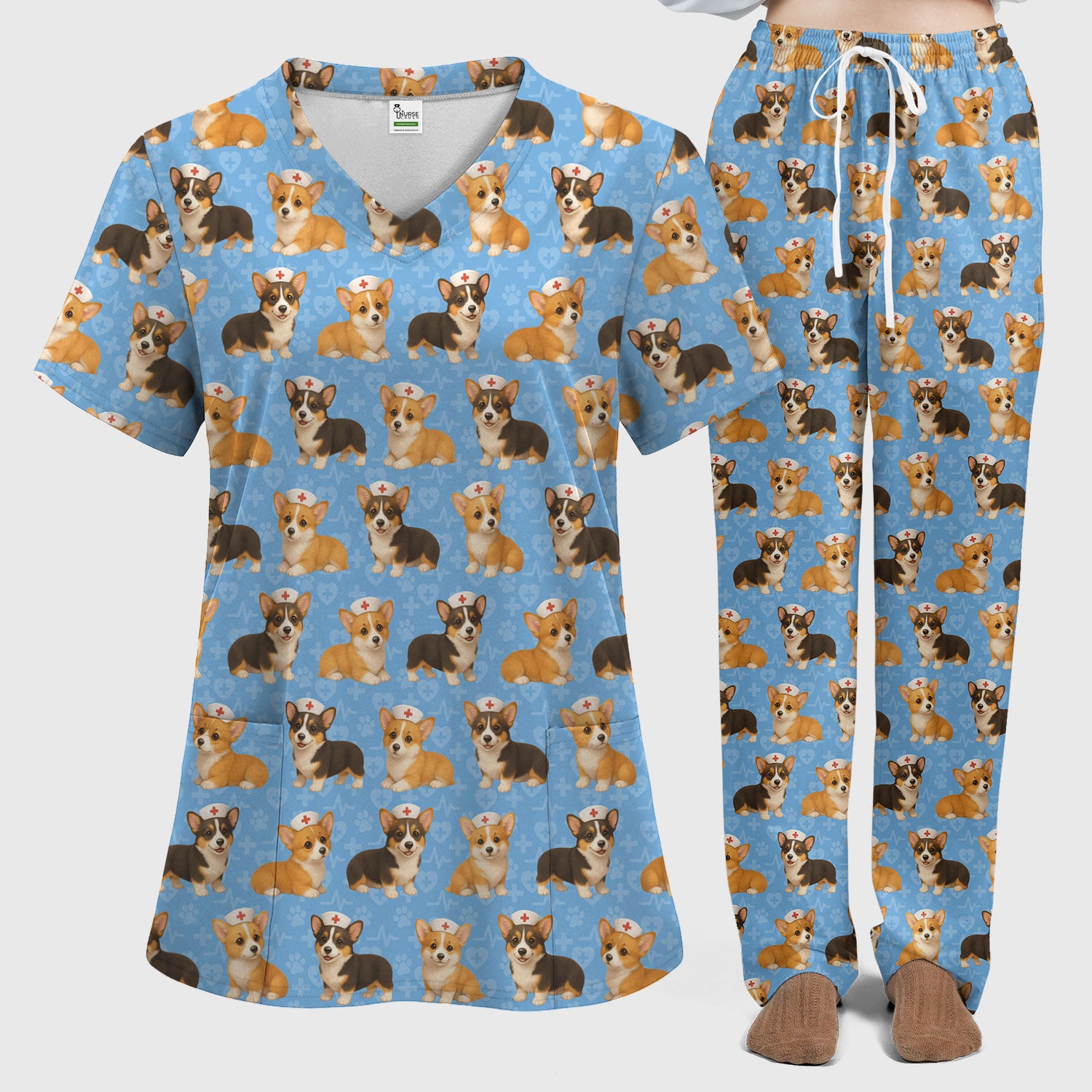 Christmas Corgi Scrubs Pattern for Women - Cute Dog Scrubs Top & Pants Set - Festive Nurse Holiday Print Medical Scrubs