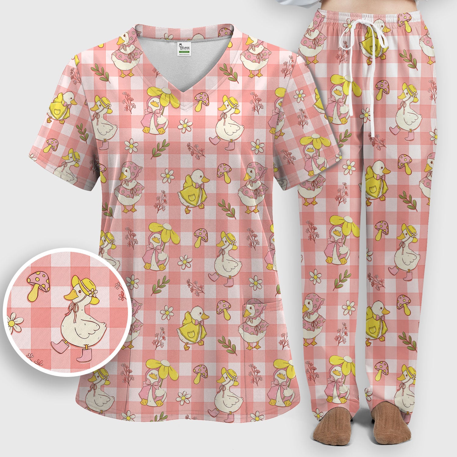 Cute Duck Outfit Gingham Pattern Scrub Set, Scrub Pants and V Neck Top