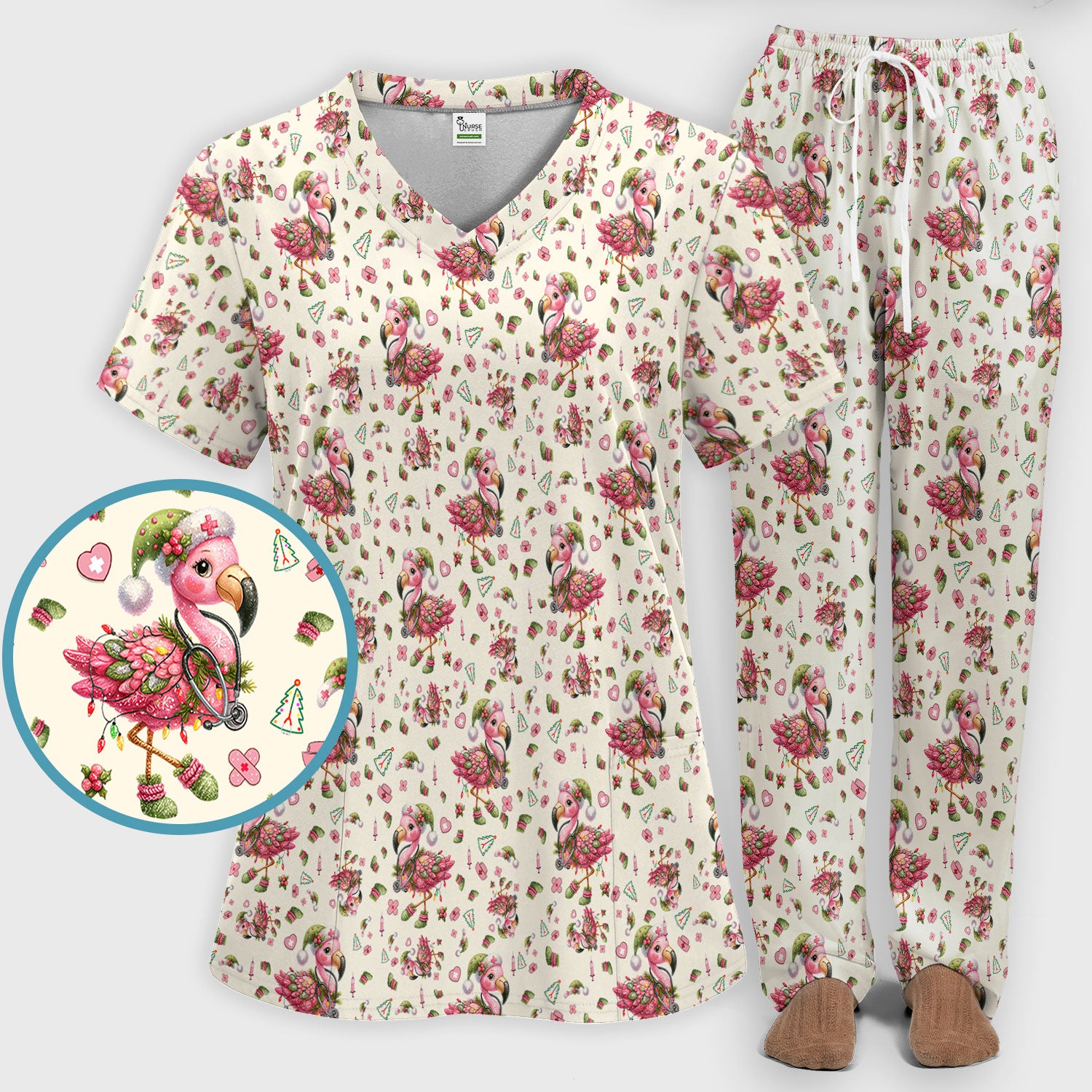 Pink Flamingo Christmas Scrub Set - Cute Flamingo Scrubs Pants and V Neck Top - Fun Christmas Medical Uniform