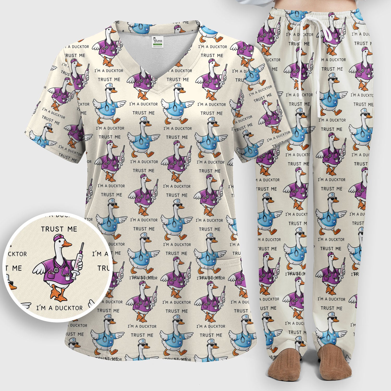 Funny Duck Cartoon Medical Pattern Scrub Set, Scrub Pants and V Neck Top