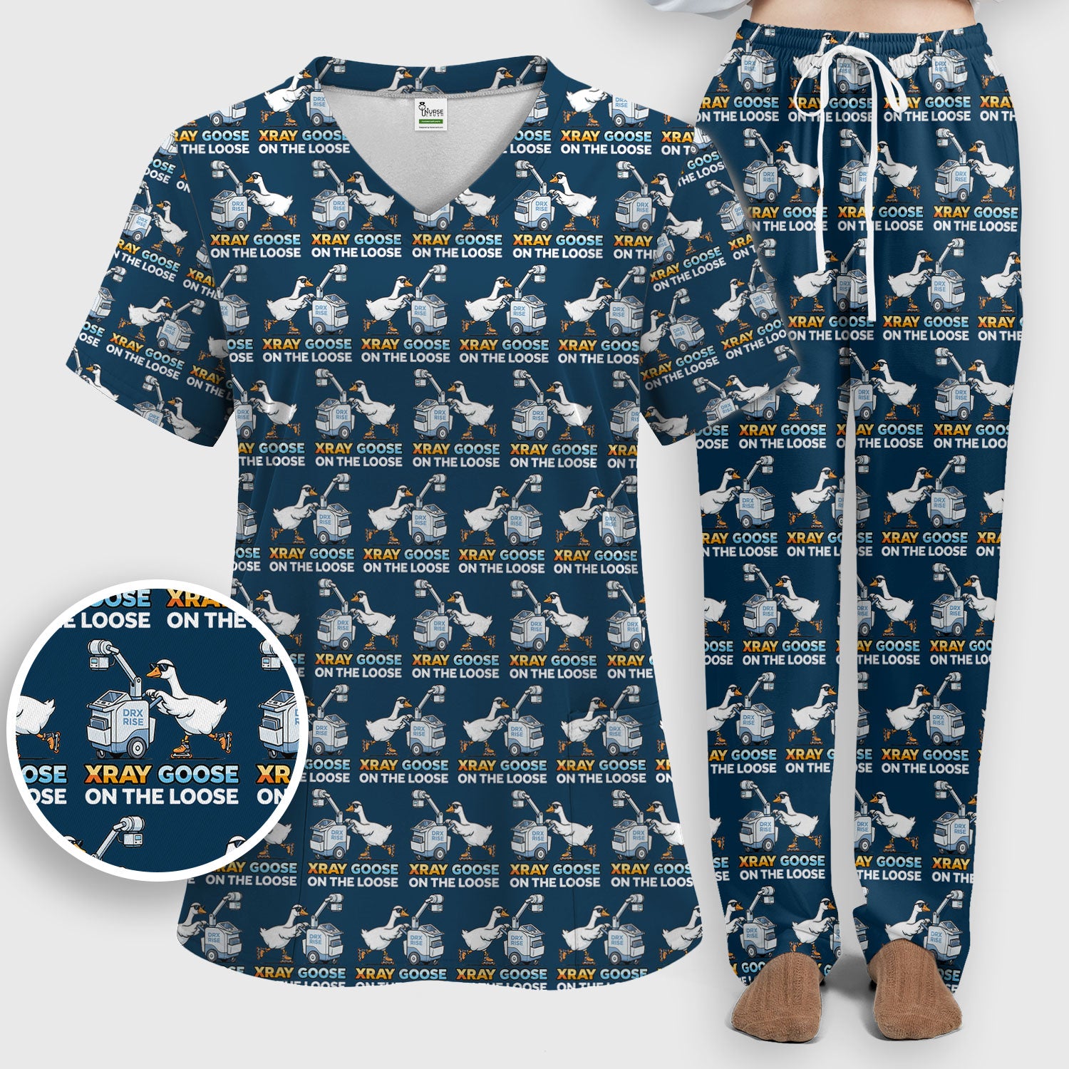 Funny Xray Goose On The Loose Pattern Scrub Top, Scrub Pants and V Neck Top