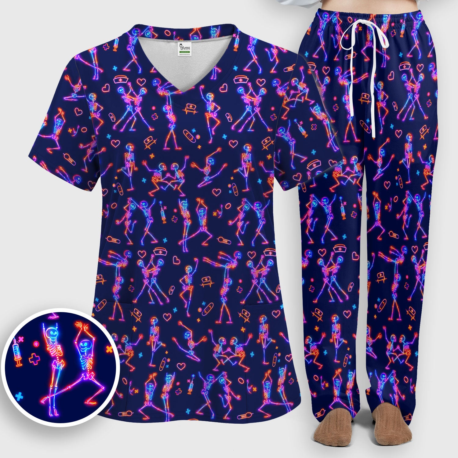 Neon Dancing Skeleton Medical Pattern Set, Scrub Pants and V Neck Top