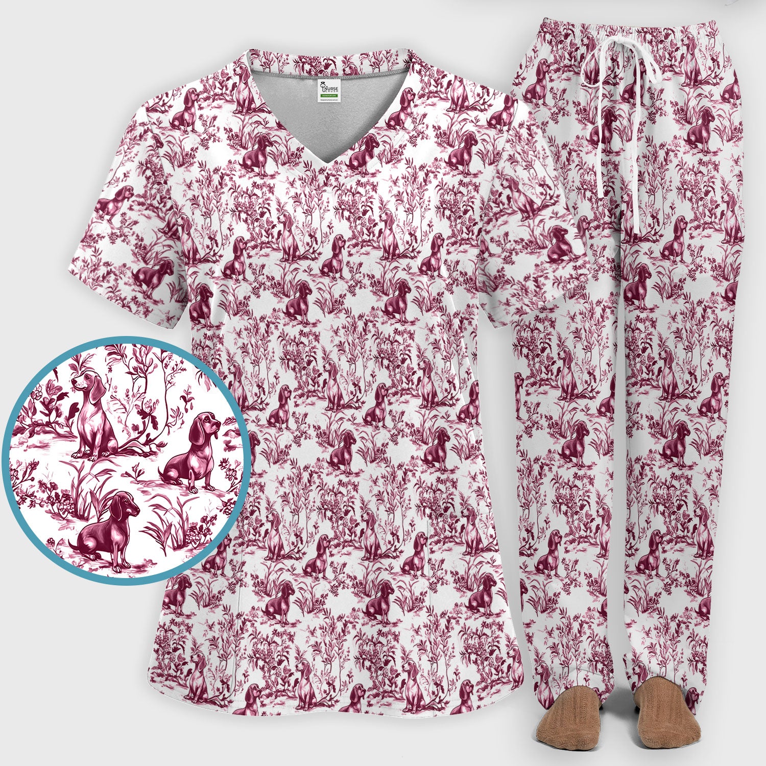Toile de Jouy Dog Scrub Set – Elegant Blue Dachshund Pattern – Cute Medical Uniform for Nurses, Vets, and Animal Care Workers