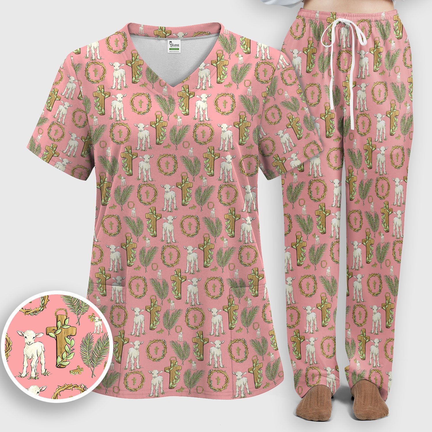 Faith Lamb Cross Pattern Women's Scrub Set, Scrub Pants and V Neck Top