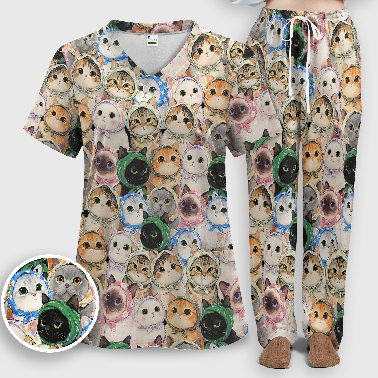 Adorable Multi Cat Portrait Pattern Scrub Set, Scrub Pants and V Neck Top