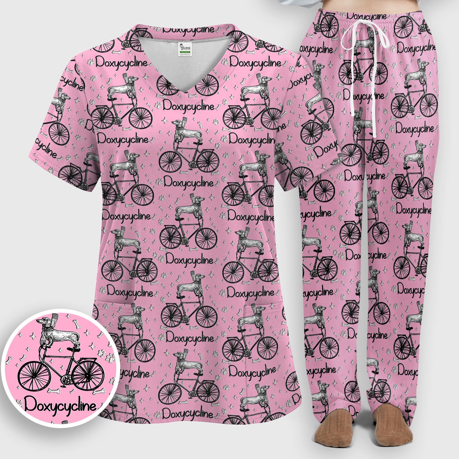 Funny Doxycycline Dog Bicycle Print Scrub Set, Scrub Pants and V Neck Top