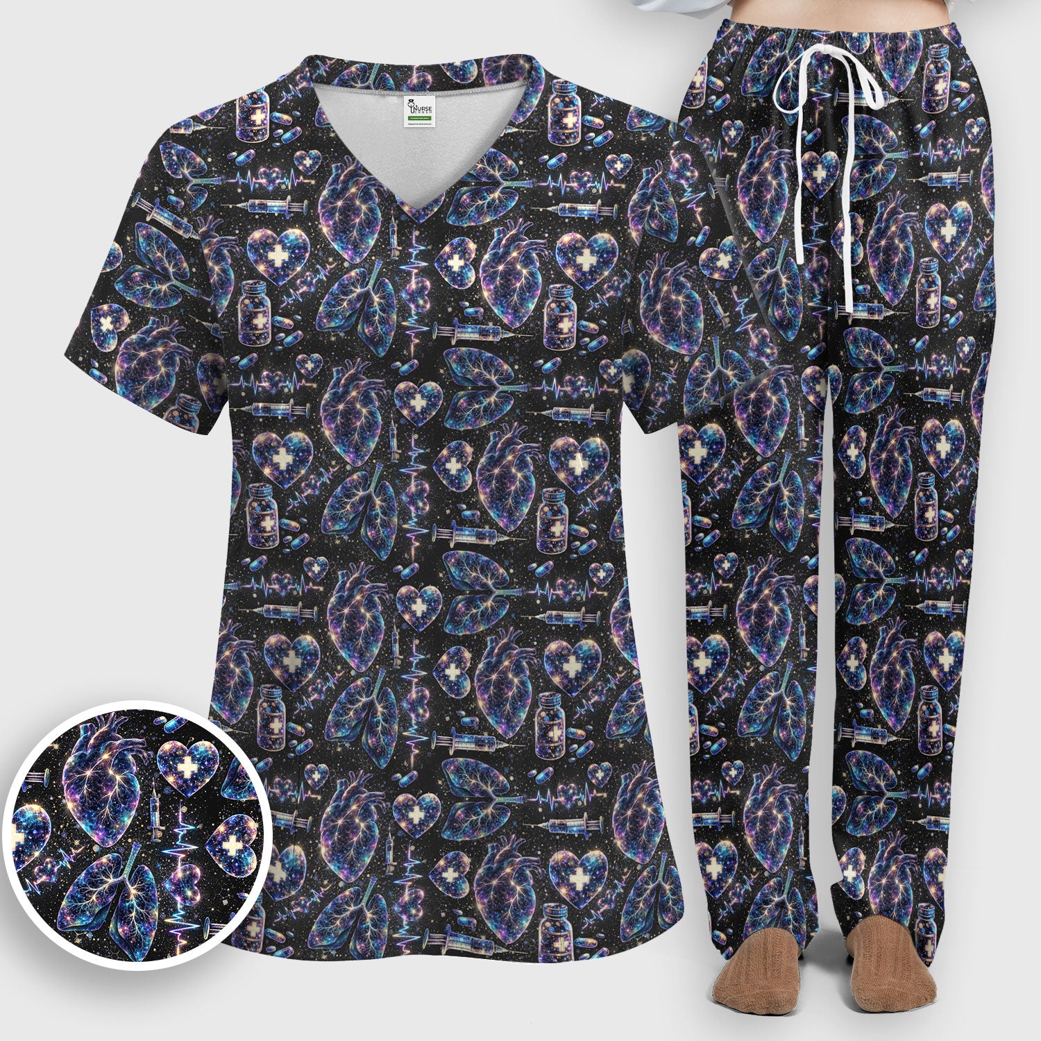 Galaxy Anatomical Heart Lung Syringe Print Scrub Set, Breathable Med Uniform