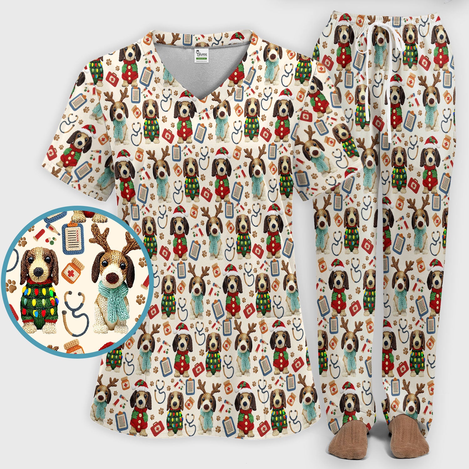 Christmas Wiener Dog Scrubs Set for Women - Cute Dachshund Christmas Scrub Pants and V Neck Top - Puppy Lover Medical Uniform Gift